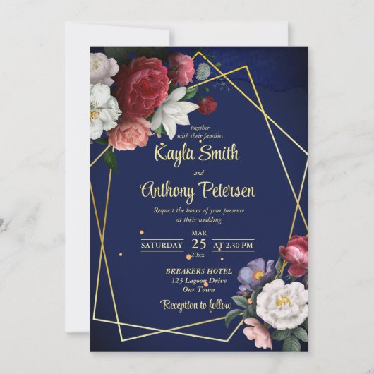 Blauburgund-Rose Hochzeitsplanung für Navy Einladung (Vorderseite)