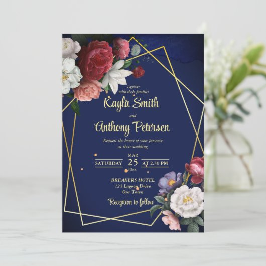 Blauburgund-Rose Hochzeitsplanung für Navy Einladung (Stehend Vorderseite)