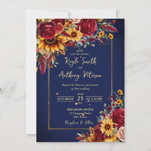 Blauburgund-Rose laden zur Hochzeit von Sonnenblum Einladung (Vorderseite)