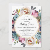 Blauburgund, rustikal, blumengeschmückt und seht einladung (Vorderseite)