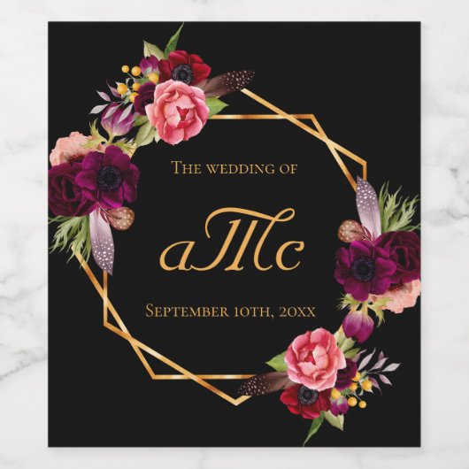 Blauburgund-Schwarz-Monogramm-Initialen Weinetikett (Einzelnes Label)