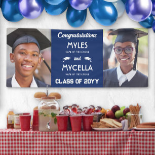 Blaue 2 Fotos Gratulation Zwillinge Absolventen Banner