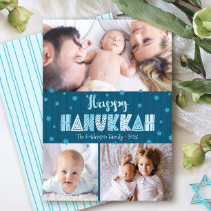 Blaue 3-Foto-Frohe-Hanukkah-Moderne-Spaß-Typografi Feiertagskarte