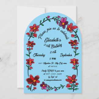Blaue 50. Geburtstagsfeier Whimsical Doodle Blumen Einladung