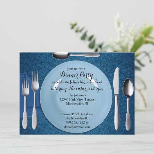 Blaue Abendessen-Party Einladung (Stehend Vorderseite)