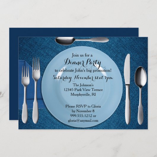 Blaue Abendessen-Party Einladung (Vorne/Hinten)