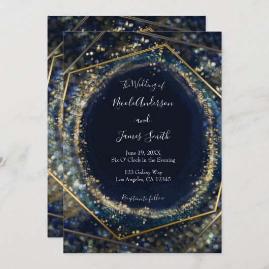 Blaue Abstrakte Lights Geometrische Hochzeit Einladung (Vorne/Hinten)