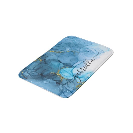 Blaue Abstrakte Marmorplatte Badematte (Schrägansicht)