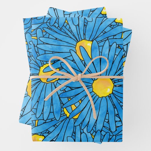 Blaue Abstrakte Pen & Aquarellfarben-Aster-Muster Geschenkpapier Set (Beispiel)