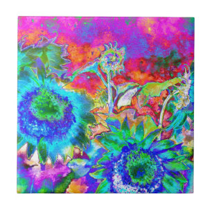 Blaue abstrakte Sonnenblumenblume Aquarellmalerei Fliese