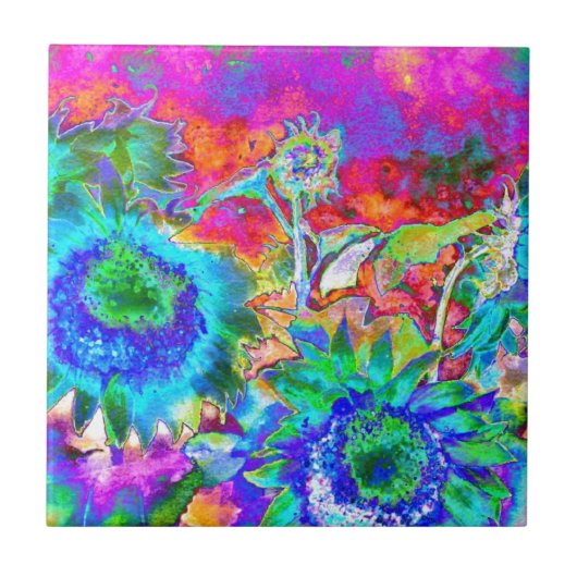 Blaue abstrakte Sonnenblumenblume Aquarellmalerei Fliese (Vorderseite)