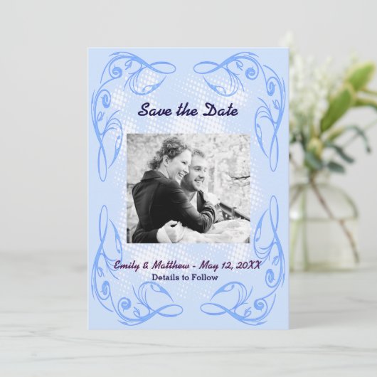 Blaue Abstrakte Swirr-Border-Border Save the Date  (Stehend Vorderseite)