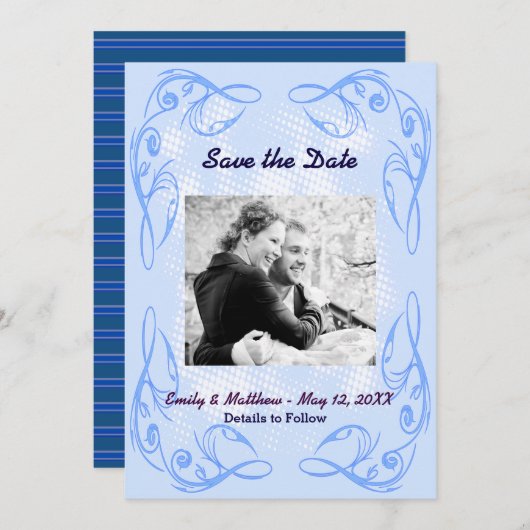 Blaue Abstrakte Swirr-Border-Border Save the Date  (Vorne/Hinten)