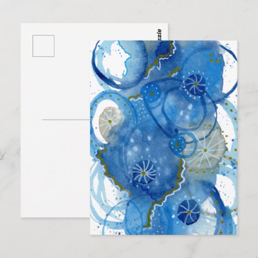 Blaue Abstrakte Wasserfarbe Doodle Postkarte (Vorne/Hinten)