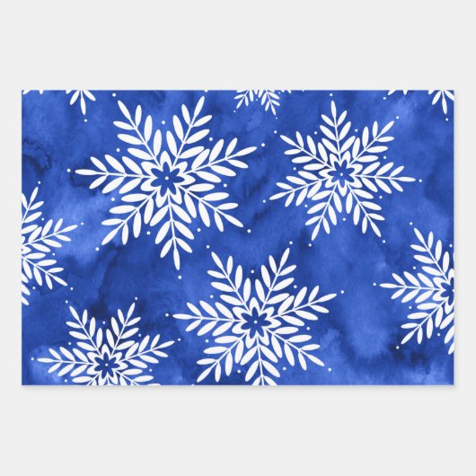 Blaue Abstrakte Wasserfarbe Schneeflocken Geschenkpapier Set (Vorderseite 3)