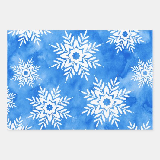 Blaue Abstrakte Wasserfarbe Schneeflocken Geschenkpapier Set (Vorderseite 2)