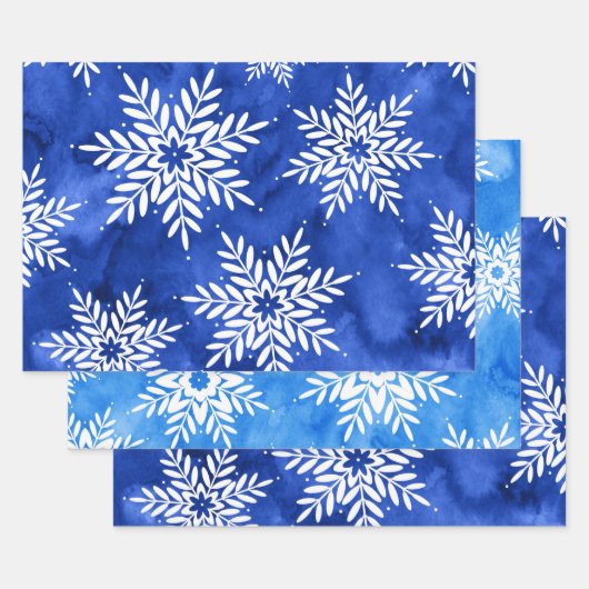 Blaue Abstrakte Wasserfarbe Schneeflocken Geschenkpapier Set (Set)