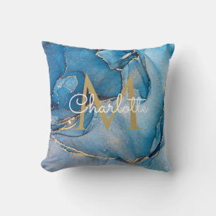 Blaue Achat-Geode Gold-Monogramm Moderne Schrift Kissen