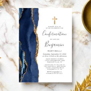 Blaue Achat-Gold-Glitter-Einladung zur Konfirmatio Einladung