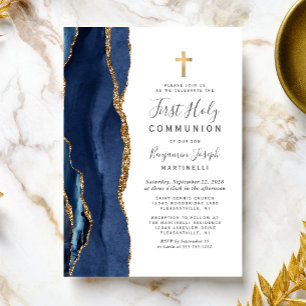 Blaue Achat-Gold-Glitter-Erstkommunion Einladung