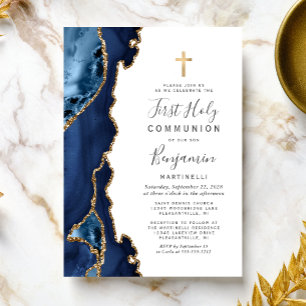 Blaue Achat-Gold-Glitter-Erstkommunion Einladung