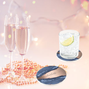 Blaue Achat-Marmor-Roségold-Namensschrift Getränkeuntersetzer