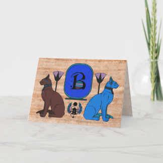Blaue ägyptische Katzen-Monogramm-Gruß-Karte: B