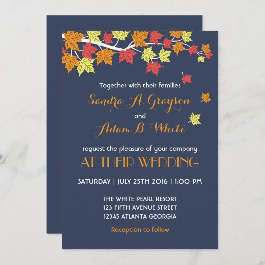 Blaue Ahornkapelle Blätter Hochzeitseinladung Einladung (Vorne/Hinten)