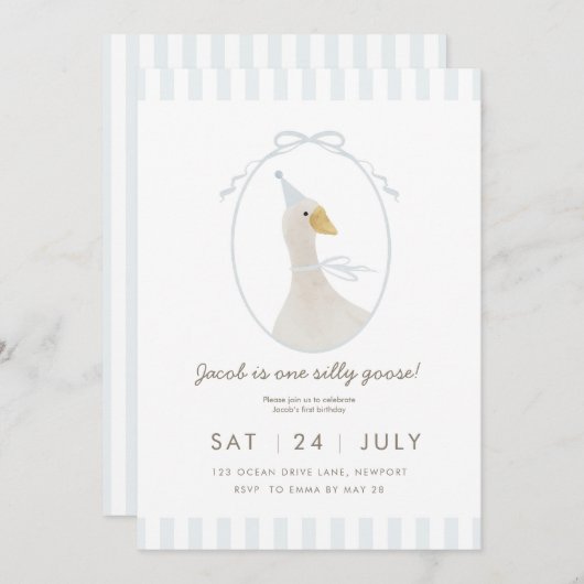 Blaue Alberne Gänse Erster Geburtstag Einladung (Vorne/Hinten)