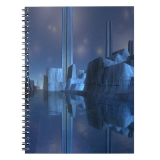 Blaue alien-Hafen-Stadt-gewundenes Notizbuch Notizblock
