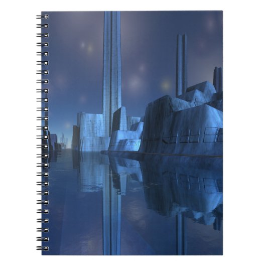 Blaue alien-Hafen-Stadt-gewundenes Notizbuch Notizblock (Vorderseite)