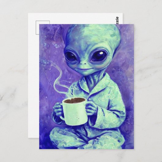 Blaue Alien mit einer Tasse Kaffee Postkarte (Vorne/Hinten)