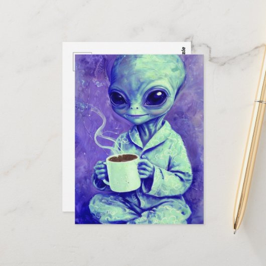 Blaue Alien mit einer Tasse Kaffee Postkarte (Vorderseite/Rückseite Beispiel)