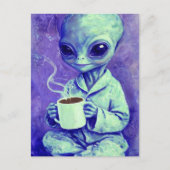 Blaue Alien mit einer Tasse Kaffee Postkarte (Vorderseite)