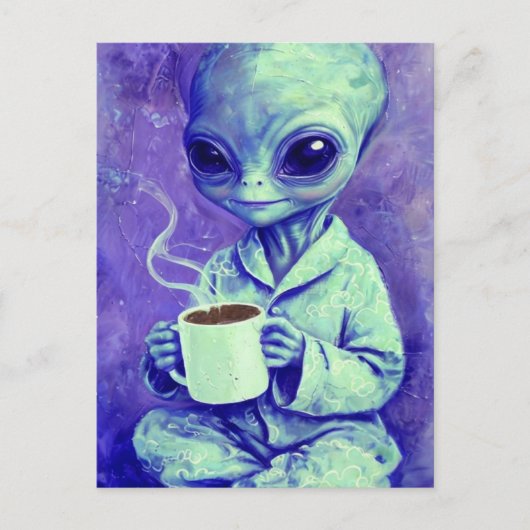 Blaue Alien mit einer Tasse Kaffee Postkarte (Vorderseite)