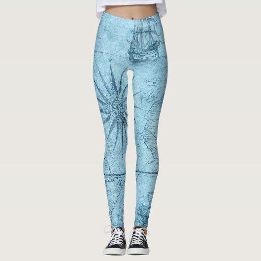 Blaue alte Weltkarte Leggings (Vorderseite)
