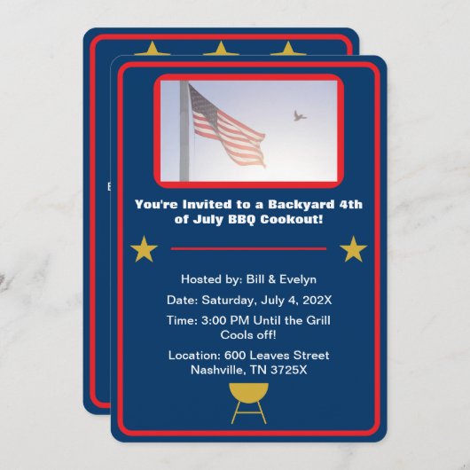 Blaue amerikanische Flagge 4. Juli Grill Einladung (Vorne/Hinten)