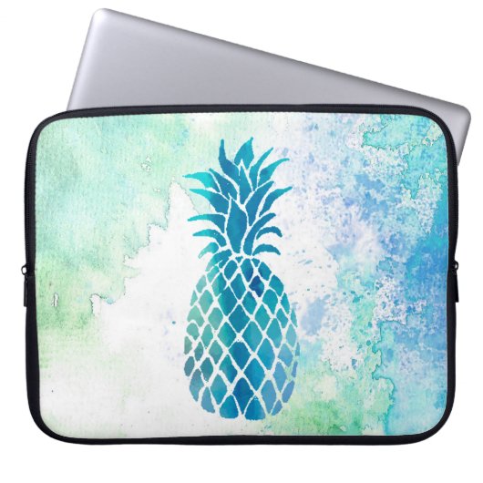 Blaue Ananas auf Aquarellspritze Laptopschutzhülle (Vorderseite)