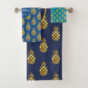 Blaue Ananas, grüner tropischer Name Badhandtuch Set