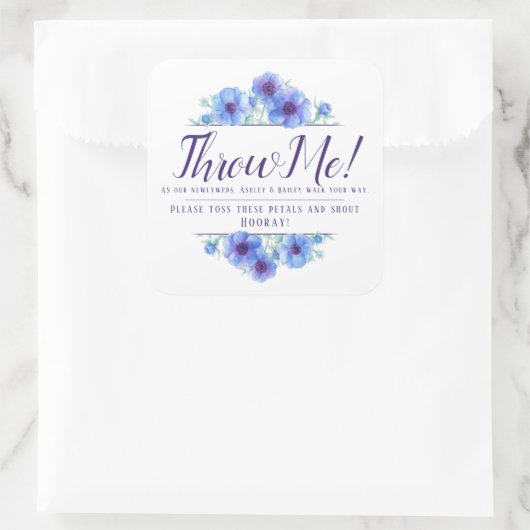 Blaue Anemone Blume Hochzeit werfen mir Blätter Quadratischer Aufkleber (Tasche)