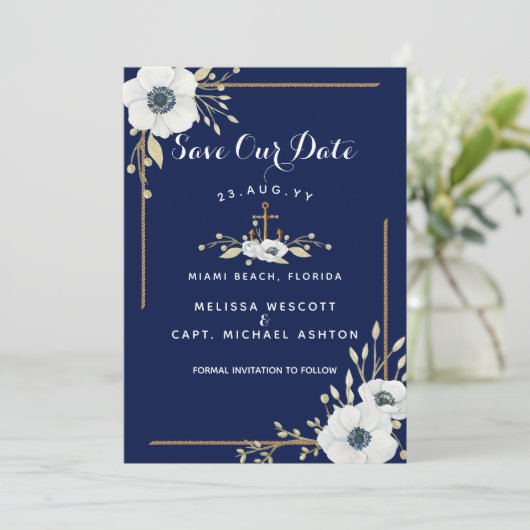 Blaue Anemone und Hochzeit der Nautic White Anemon Save The Date (Stehend Vorderseite)