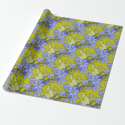 Blaue Anemonen auf Grün Geschenkpapier (Ungerollt)