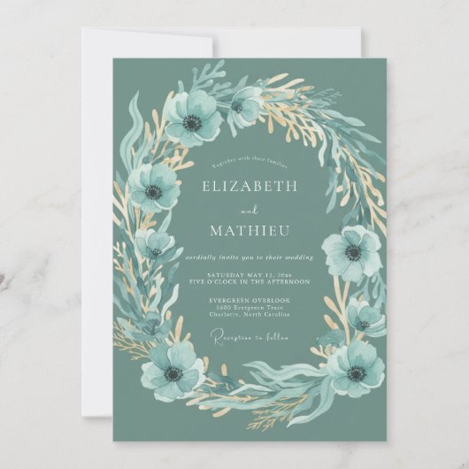 Blaue Anemonen-Blatt-Hochzeit Einladung (Vorderseite)