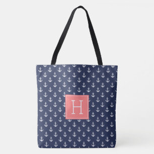 Blaue Anker Muster und Korallenmonogramm Tasche