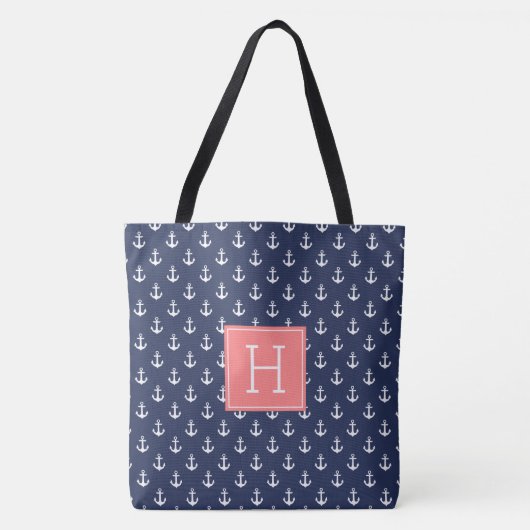 Blaue Anker Muster und Korallenmonogramm Tasche (Vorderseite)