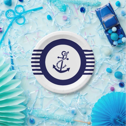 Blaue Anker und Streifen Pappteller (Party)