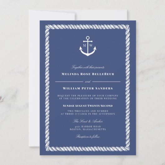 Blaue Ankermonogramm-Hochzeit Einladung (Vorderseite)