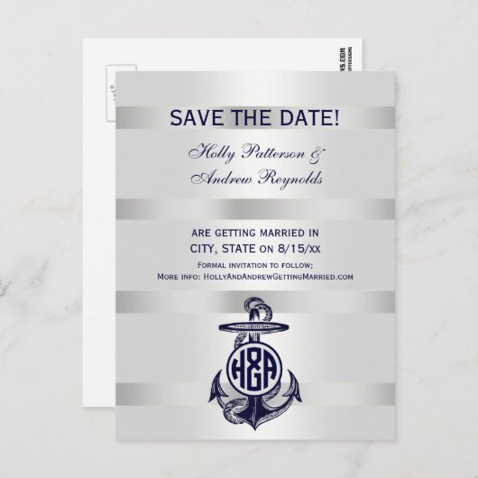 Blaue Ankersilber, weißes Navy Circle Monogram 33 Ankündigungspostkarte (Vorne/Hinten)