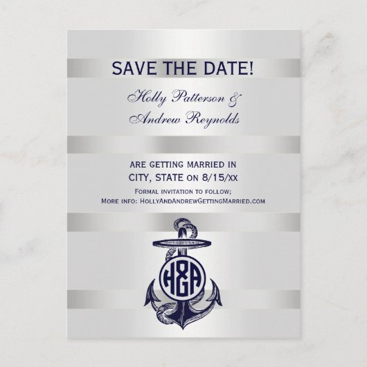 Blaue Ankersilber, weißes Navy Circle Monogram 33 Ankündigungspostkarte (Vorderseite)