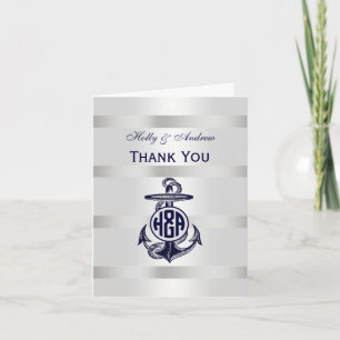Blaue Ankersilber, weißes Navy Circle Monogram 33 Dankeskarte